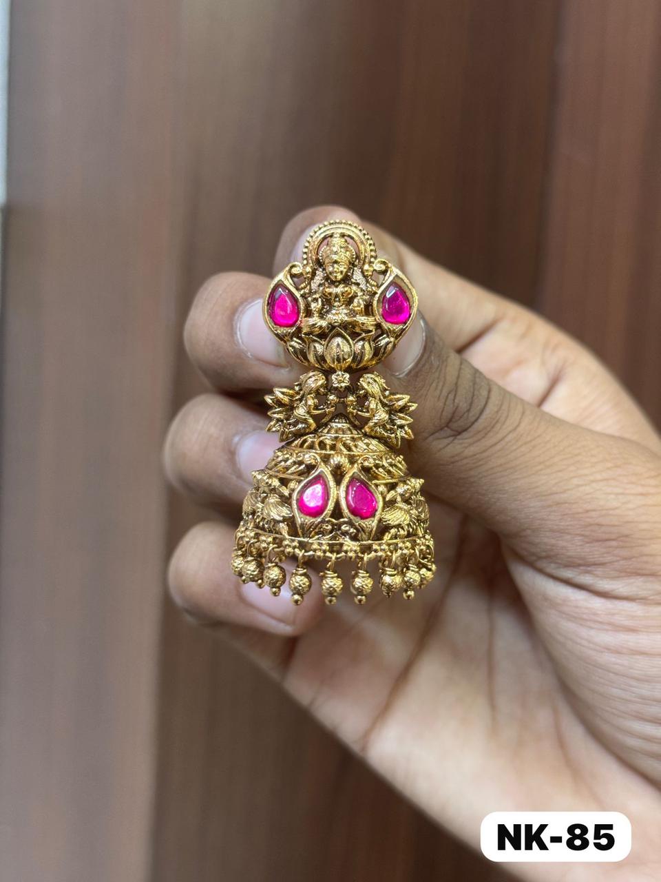 Pink leaf stone lakshmi jhumka