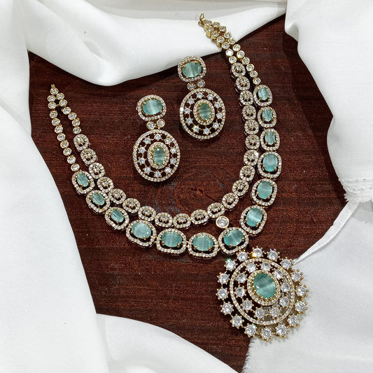 AQUAMARINE greenish blue AD stone diamond finish two layer neckset